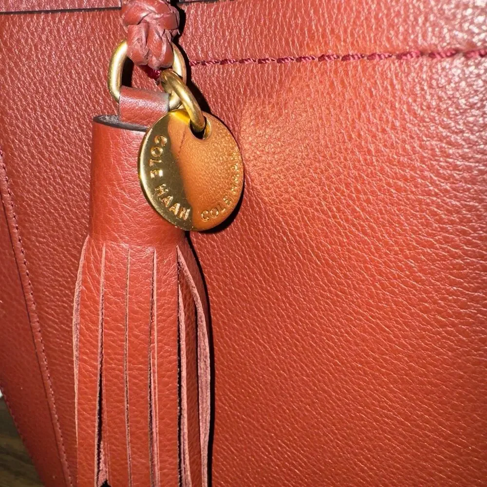 Cole Hann Brown Leather Tassel Charm Top Handle Shoulder Bag